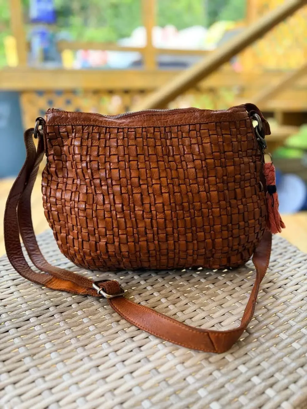 Vilenca Holland Genuine Leather Woven Crossbody Hobo Bag